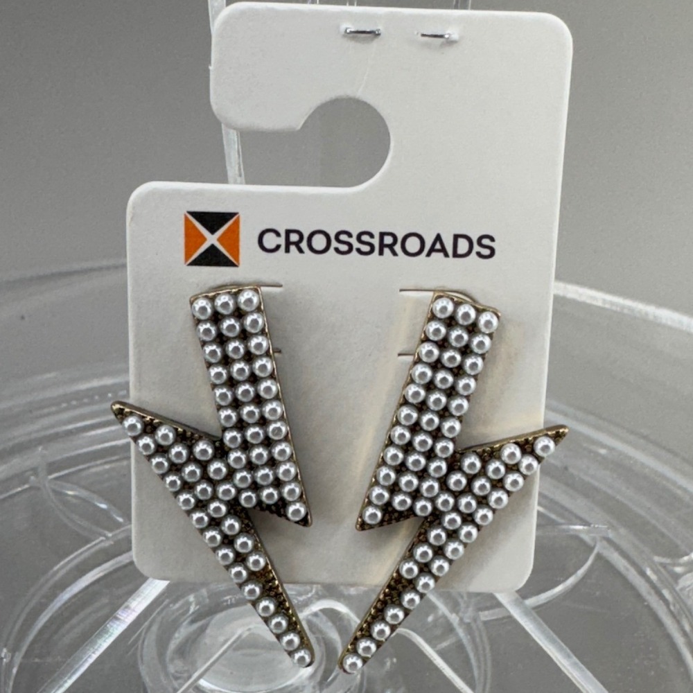 Crossroads Lightning Bolt Earrings OS Gold White Pearl Kitsch Glam Edgy